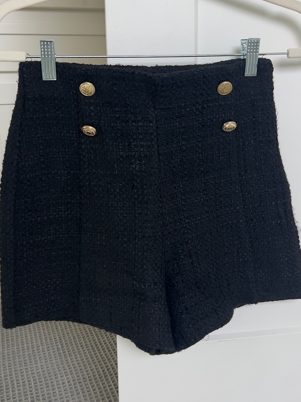 Zara High-Waist Black Tweed Shorts with Gold Buttons - Never worn